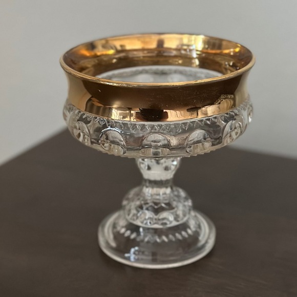 Indiana Glass Other - VTG Indiana Glass Kings Crown Thumbprint Pedestal Compote Candy Dish Gold Rimmed